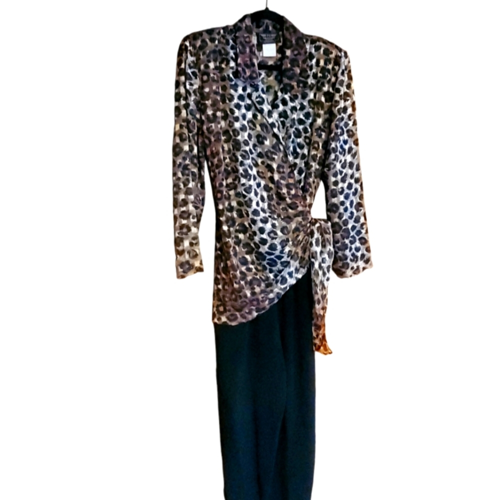 PG Collections Animal Print/Black Metallic Peplum Jumpsuit size 12